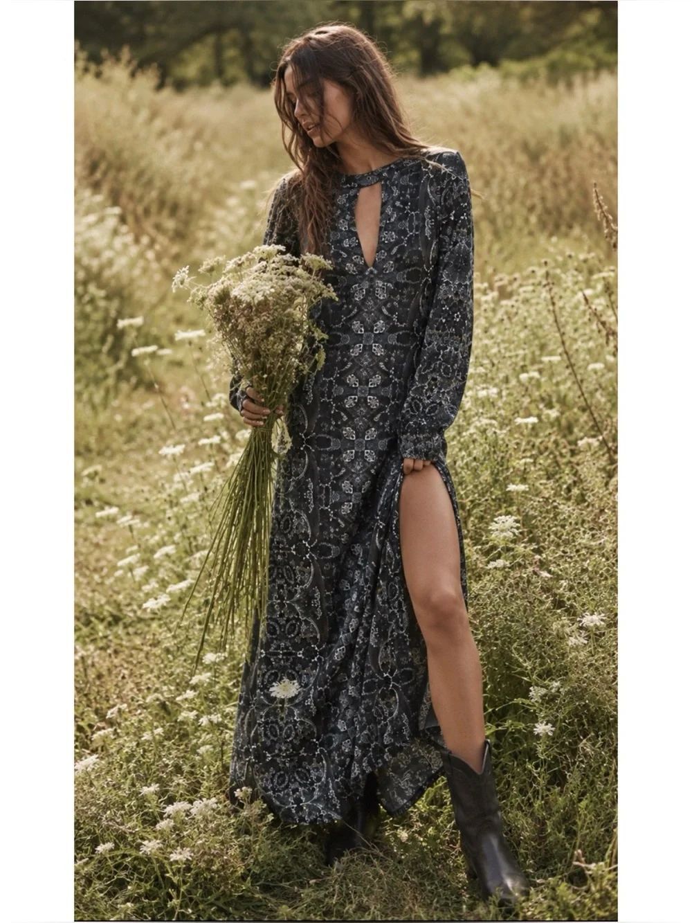 Free People Cabaret Maxi Dress Womens XS Dark Combo Cutout Slit Long Sleeve